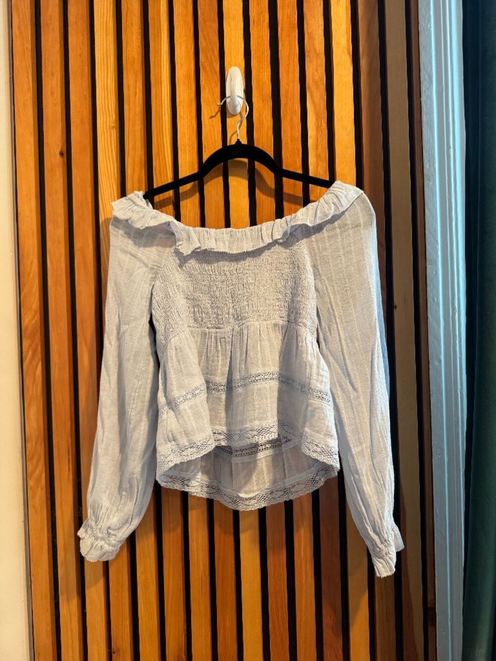 American Eagle Smocked Ruffle Off-the-Shoulder Top - Small - Light Blue